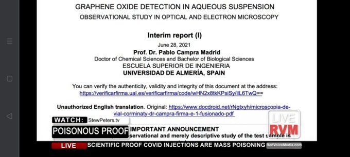 Graphene Oxide Detection in Aquaeous Supension; Oversvational Study in Optical and Electron Microscopy; Interim report (I), June 28, 2021, Prof. Dr. Pablo Campra Madrid
