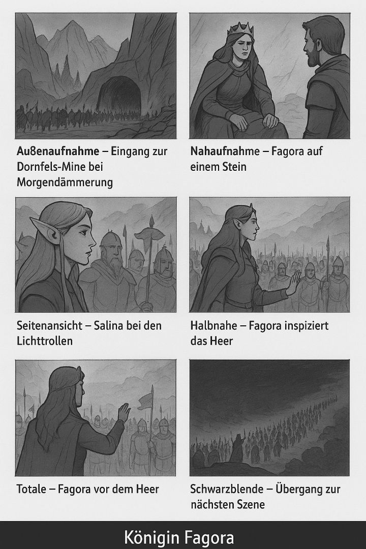 Königin Fagora. Storyboard. Das Schwert Viskur. Der finale Kampf.