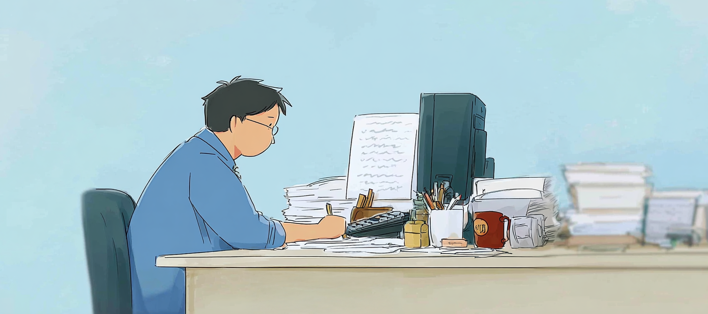 Eine Person mit kurzen dunklen Haaren und Brille sitzt seitlich an einem Schreibtisch und arbeitet konzentriert an einem Computer. Sie schreibt mit der Hand auf Papier, während vor ihr ein Monitor steht. Der Tisch ist mit hohen Stapeln aus Dokumenten, Schreibutensilien, Notizzetteln und mehreren Tassen bedeckt. Die Person trägt ein blaues Oberteil und sitzt auf einem dunklen Bürostuhl. Der Hintergrund ist schlicht hellblau gehalten. Die Szene vermittelt einen ruhigen, arbeitsintensiven Büroalltag. KI-generierte Illustration